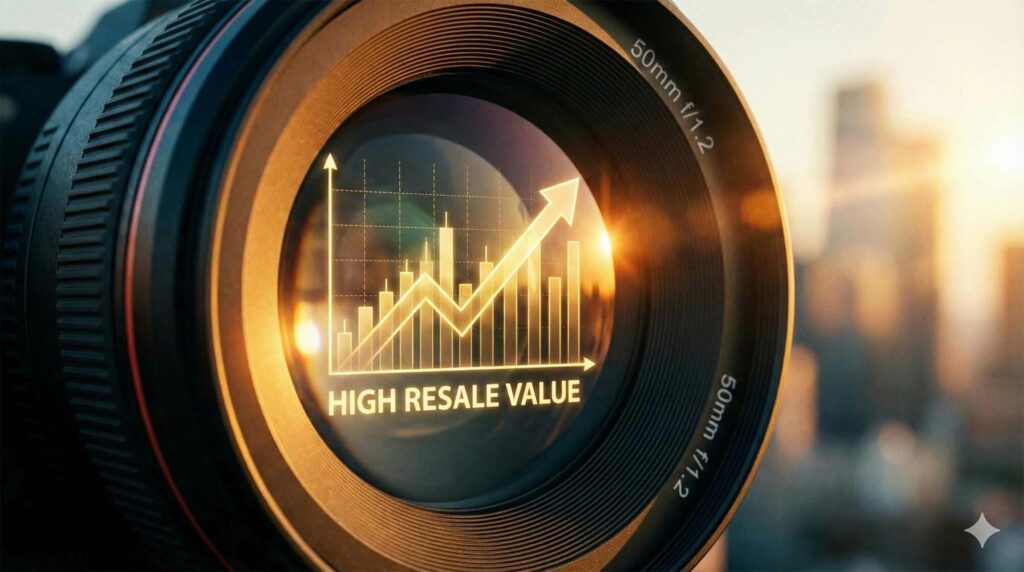 特寫鏡頭前玉反射出上升的圖表曲線，金黃色調打光，象徵單眼相機的高保值性與回收價值 / Close up of a camera lens front element reflecting a rising stock graph, symbolizing high resale value, golden lighting.